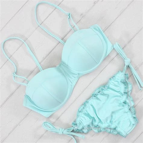 Sky Blue Push Up Spaghetti Strap Bikini Matching Drawstring Bowknot Bottom Bikini Two Piece Set