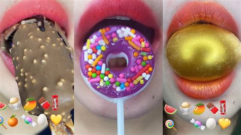 Asmr Delicious Skittle Donut Candy Orange Ice Cream Golden Egg Foods Eating Sounds Tiktok Emoji