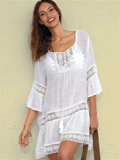 Sexy Bikini Set Vertuschungen L Ssig V Ausschnitt Kurzarm Sommer Strand Kleid Wei E Tunika