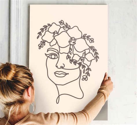 Canvas Bloemen Silhouet Minimalistische Schattige Vrouw Tenstickers