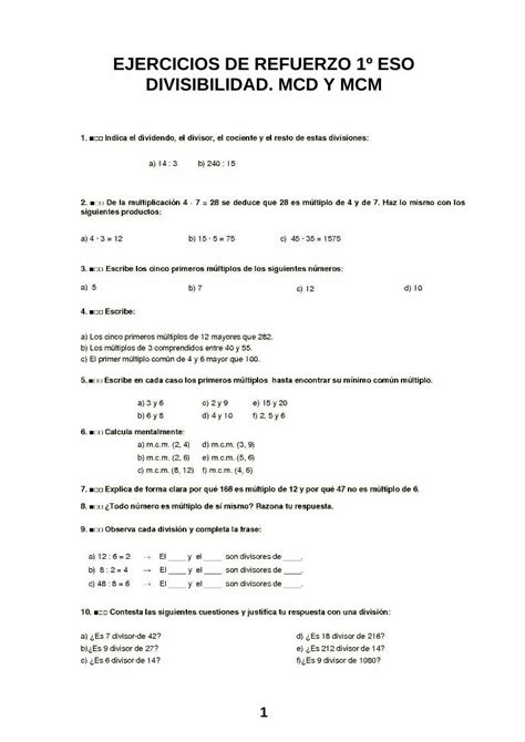 Pdf Ejercicios De Refuerzo Eso Divisibilidad Mcd Y Mcm Pdf