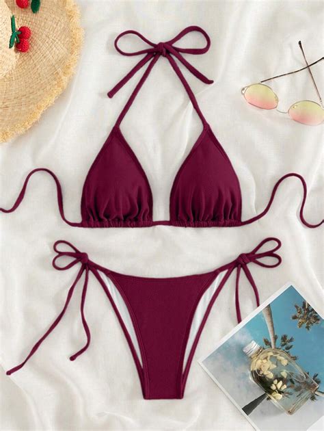 Shein Swim Conjunto De Bikini De Cuello Halter De Unicolor Traje De Ba O Con Bikini De Cordones