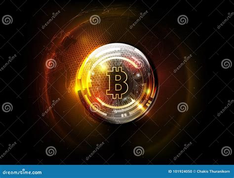 Moeda Do Bitcoin Dourado E Holograma Digital Do Globo Do Mundo