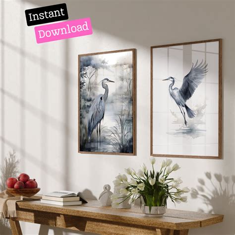 Modern Set Of 2 Indigo Heron Wildlife Digital Download Prints Set Of