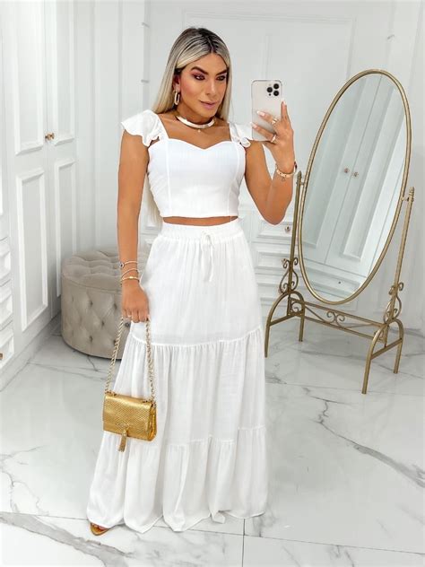 Conjunto Saia E Cropeed - Conjunto Cropped E Saia Longa Off White - VemQueVeste Moda e Acessórios