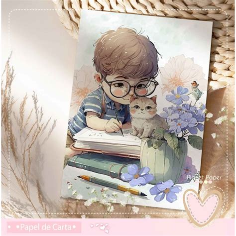 Papel De Carta Menino - Papel de Carta Menino (04 Papéis) Gatinho/floral | Shopee Brasil