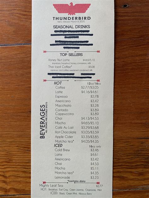 Thunderbird Coffee – Austin – Menu – Menutex