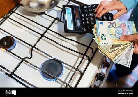 The family calculates gas bills, utility bills. Euro and dollar bills ...