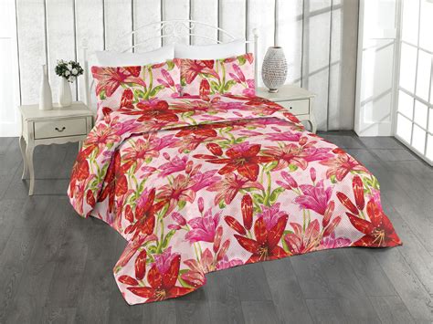 Ambesonne Floral Boho Quilted Bedspread Set Pcs Fantasy Tiger Lily Art Twin Dark Coral Hot