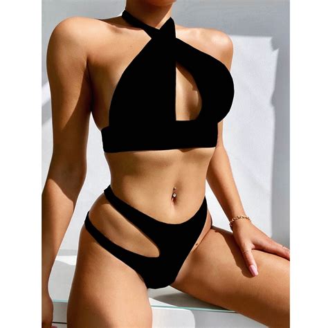 Finelylove Womens Swimsuits Push Up Halter Bra Style Bikini Black M Walmart