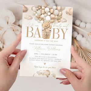 Editable Teddy Bear Hot Air Balloon Baby Shower Invitationtemplate Brown Bear We Can Bearly Wait