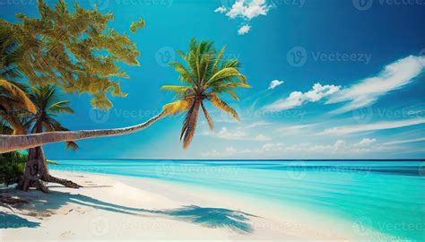 illustration tropical paradise beach with white sand and coco palms