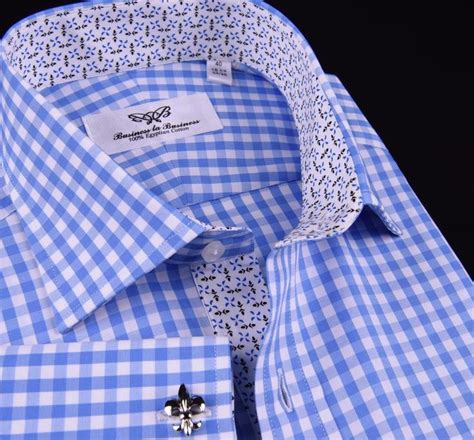 Light Blue Gingham Check Formal Business Dress Shirt Designer Floral