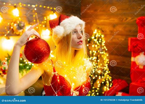 Red Lingerie For Christmas Erotic Girl Celebrate New Year And Merry Christmas Stock Photo