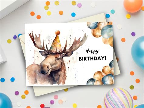 Moose Birthday Card With Party Hat Happy Birthday Moose T