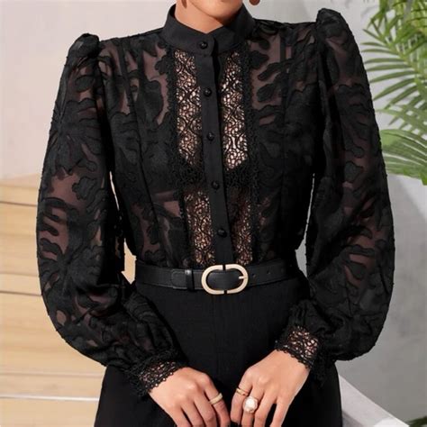 Posh Chronicles Tops Contrast Lace Lantern Sleeve Mock Neck Shirt