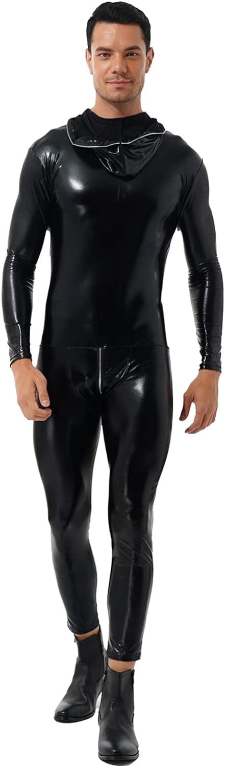 CHICTRY Men S Shiny Metallic Full Body Bodysuit Zipper Back Lingerie Tight Gay Jumpsuit With