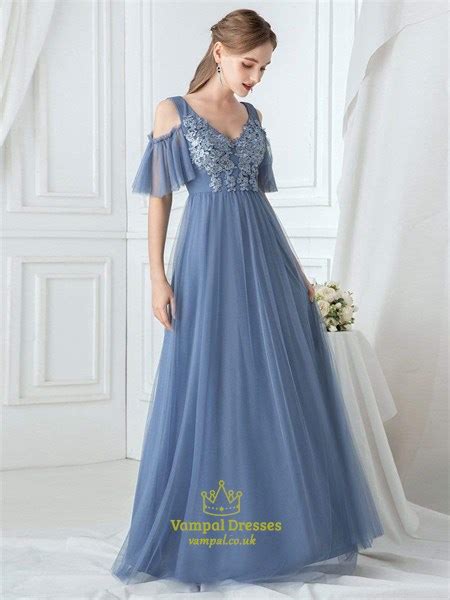 Dusty Blue V Neck Embroidery Tulle Bridesmaid Dress With Ruffle Sleeves