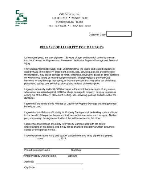 Damages Release Of Liability Form Template