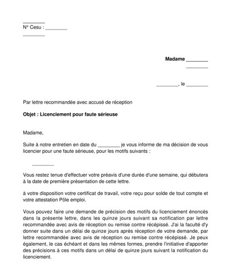 Lettre De Licenciement Pour Faute Employé à Domicile