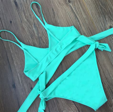 Fashion Pure Light Green Chest Straps Cross Bottom Side Knot Two Piece Bikini On Luulla
