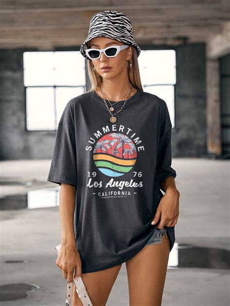 Camiseta Amplia Con Estampado Letra Tropical Moda De Mujer Shein M Xico