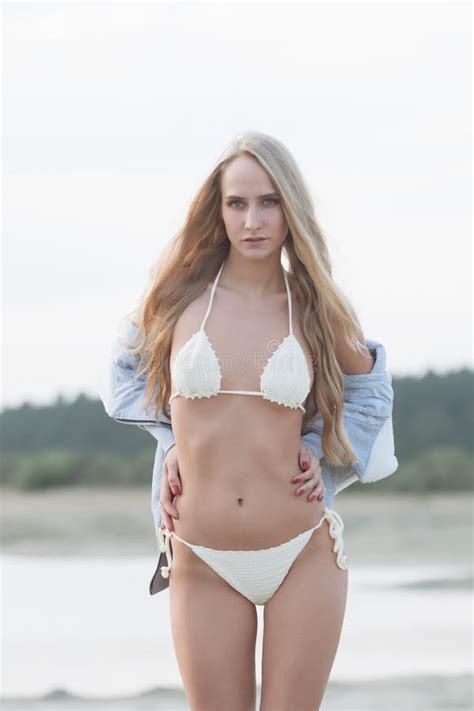 Blonde Girl On The Beach With Palms And Blue Sky Stock Photo Image Of Ocean Summer 98042180