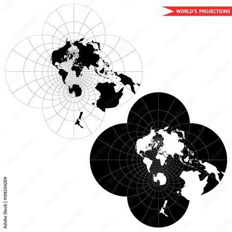 stereographic world map projection. Black and white world map vector ...