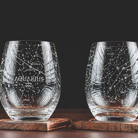 Taurus Etched Stemless Wine Glasses Zodiac Taurus Set Hand Etsy