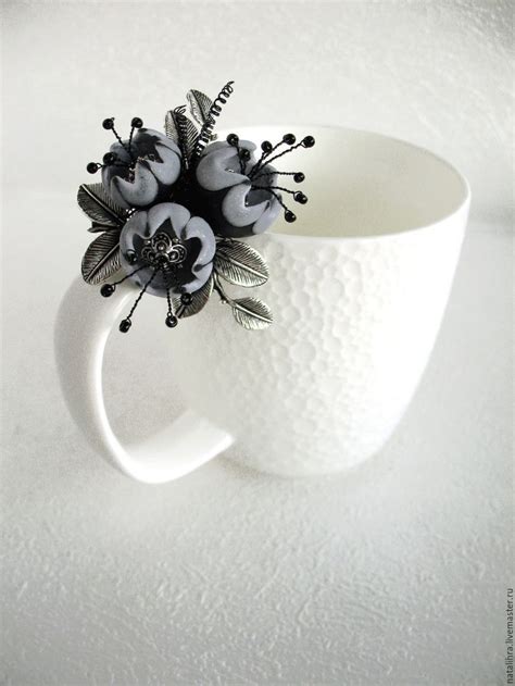 Брошь Кокетка Серая Черная Полимерная глина Цветы Подарок Лето в ...