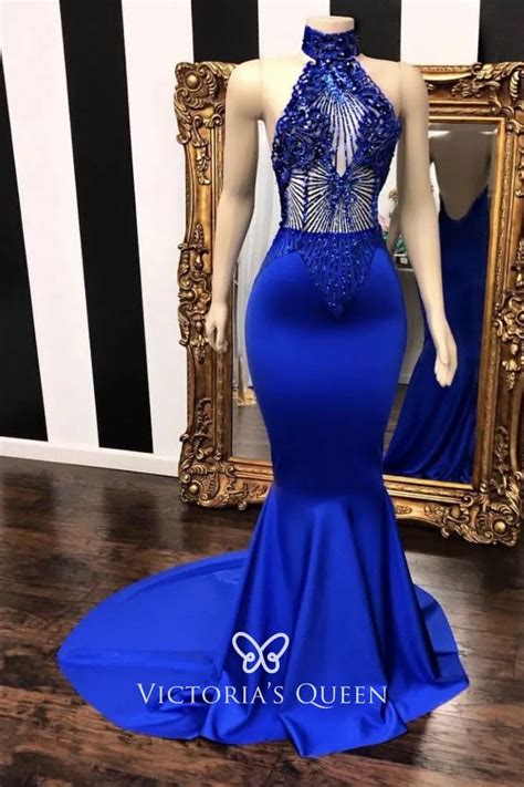 Beaded High Neckline Sheer Bodice Royal Blue Prom Dress Vq