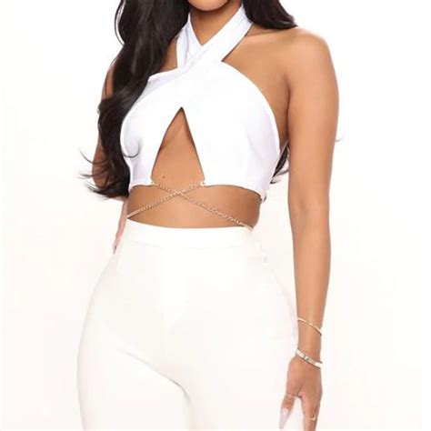 Spring Women S New Nightclub Sexy Nude Umbilical Halter Neck Cross Tie Blouse Women Walmart