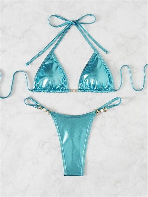 Shein Swim Sxy Faux Pearl Decor Micro Triangle Bikini Swimsuit Shein Euqs