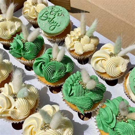 Sage Green Cream Baby Shower Cupcakes Dried Flowers Pampas Gold