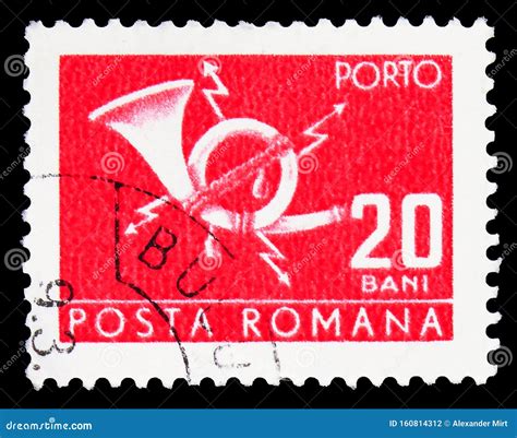 Postage Stamp Printed In Romania Shows Post Horn With Lightning Post