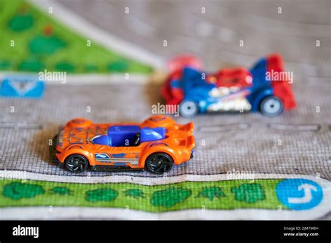 A View Of Mattel Hot Wheels Futuristic Looking Toy Model Cars On A Play Road Mat Stock Photo Alamy