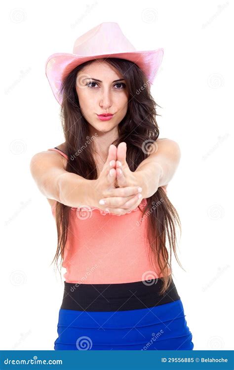 Brunette Longhaired Woman Shooting With Fingers Stock Image Image Of Party Cowgirl