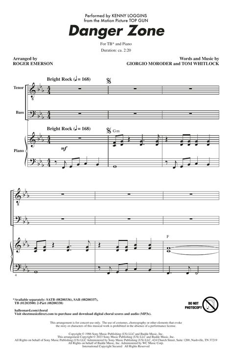 Kenny Loggins Danger Zone From Top Gun Arr Roger Emerson Sheet Music Chords And Lyrics