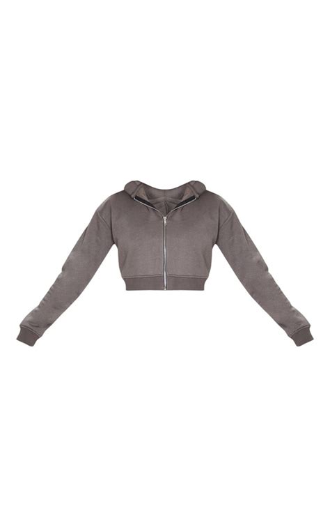 Charcoal Grey Crop Zip Hoodie Tops Prettylittlething