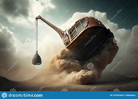 Mining Shovel Suspended In The Air Surrounded By Clouds Of Dust Stock