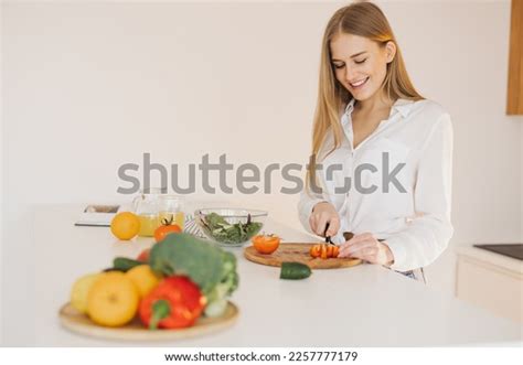 Happy Cute Blonde Woman Preparing Salad Stock Photo 2257777179 Shutterstock