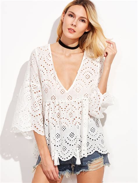 White Scalloped Hollow Out Deep V Neck Bell Sleeve Blouse Shein Sheinside