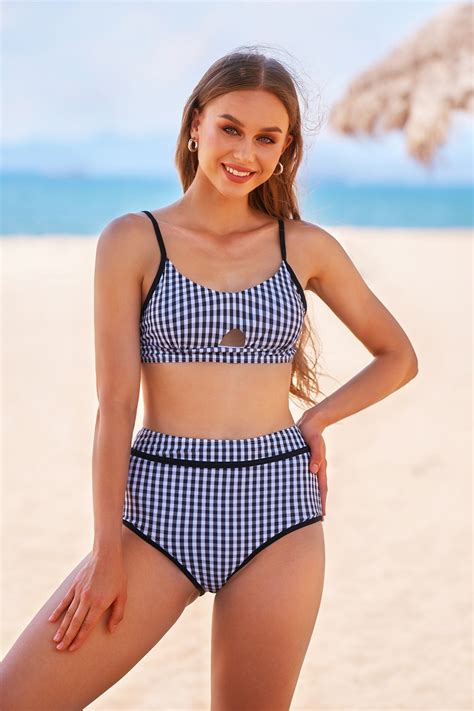 Sexy Gingham Adjustable Strap High Waisted Two Piece Bikini Set Walkonbeach