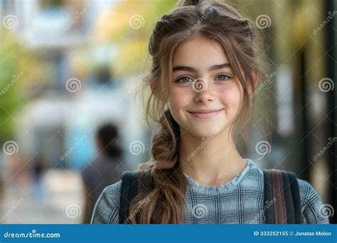 Cheerful Brunette Girl In School Uniform Holding Backpack Waiting For Cl Stock Illustration