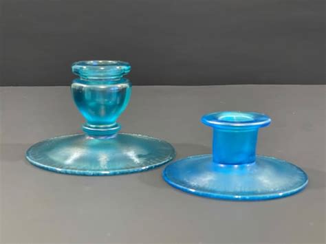 Fenton Celeste Blue Stretch Glass Candlestick Holders Etsy