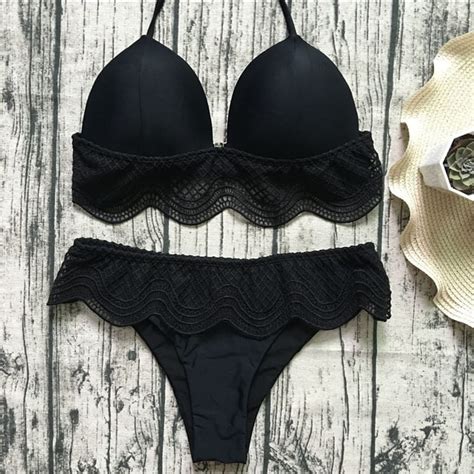 Str J K Pielowy Kostium Bikini Koronka Push Up Czarny Szytenamiare