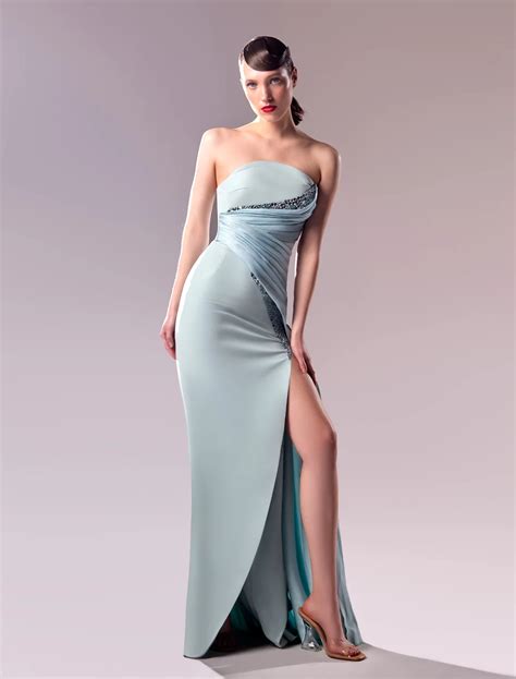 Exquisite Strapless Crystallised Blue Dress In Crepe And Piqué Long