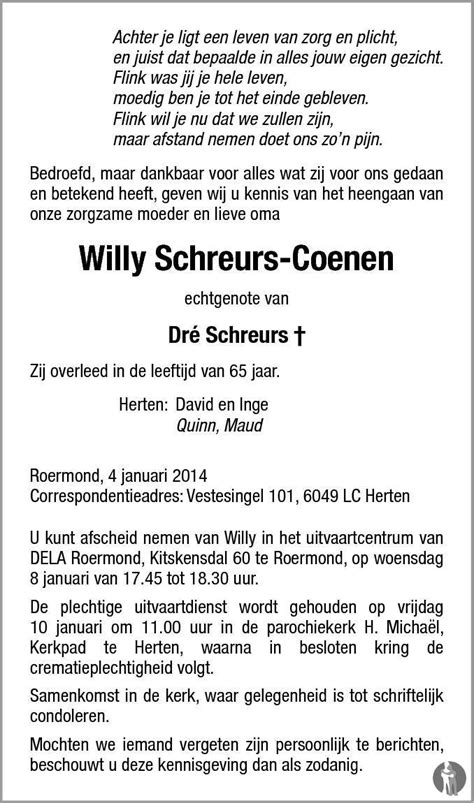 Willy Schreurs Coenen Overlijdensbericht En Condoleances