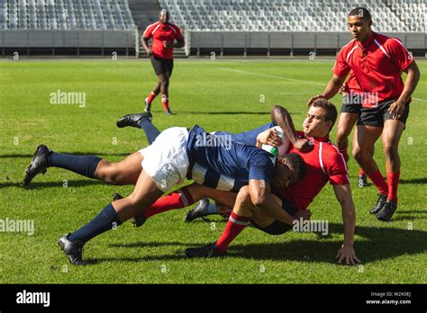 male rugby players playing rugby match  stadium stock photo alamy