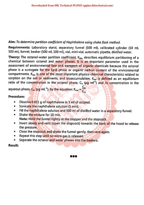 To Determine Partition Coefficient Of Naphthalene Using Shake Flask